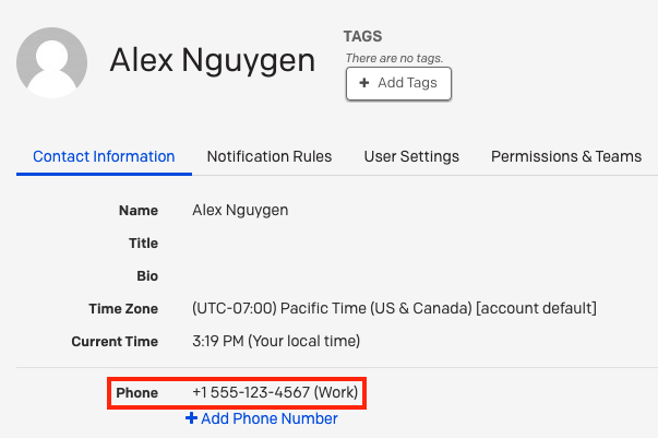 A screenshot of the PagerDuty web app detailing a user's phone contact method