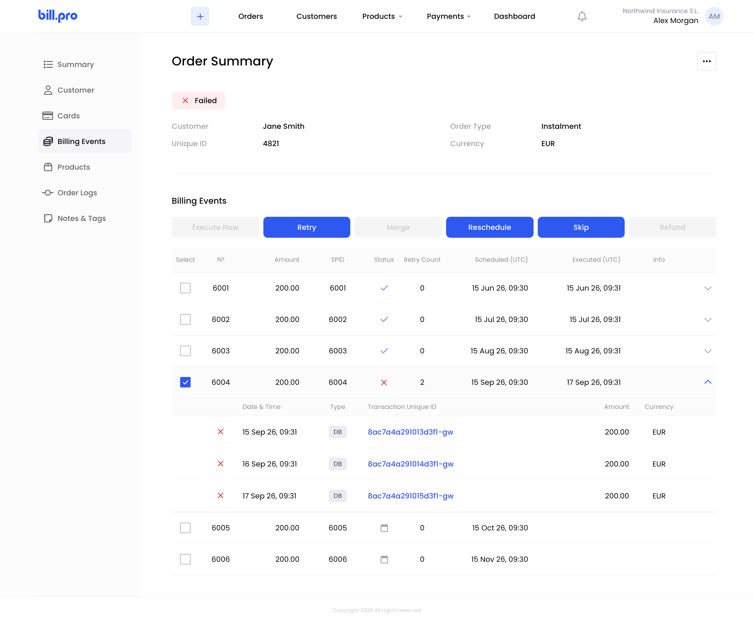 A soft-declined billing event on a failed order