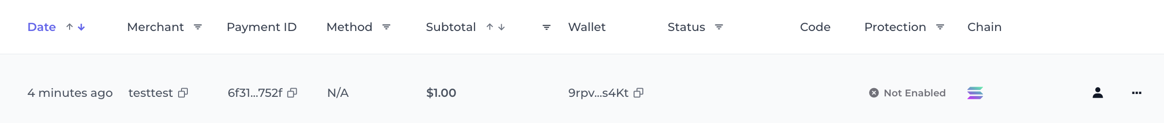 Example of payment record on merchant dashboard.