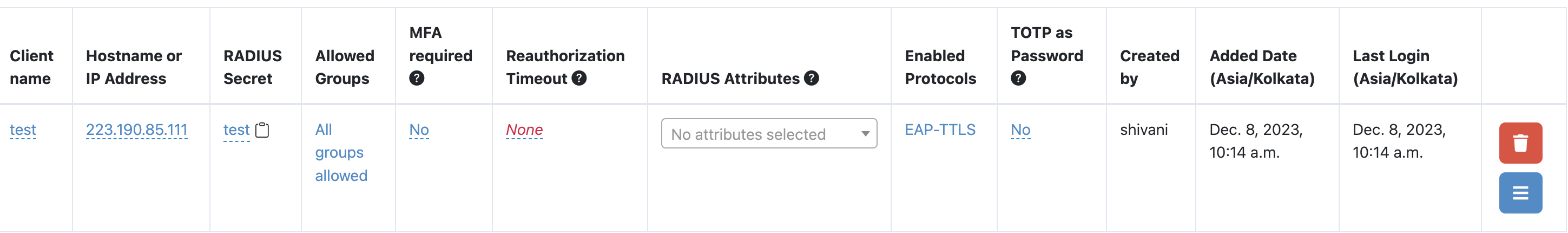 RADIUS Client with EAP-TTLS enabled