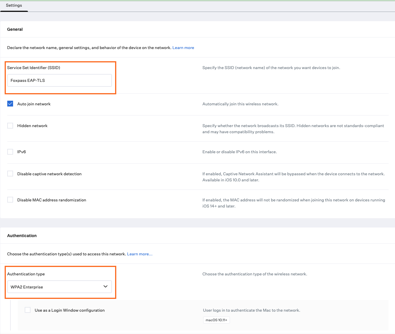 Sample SSID configuration