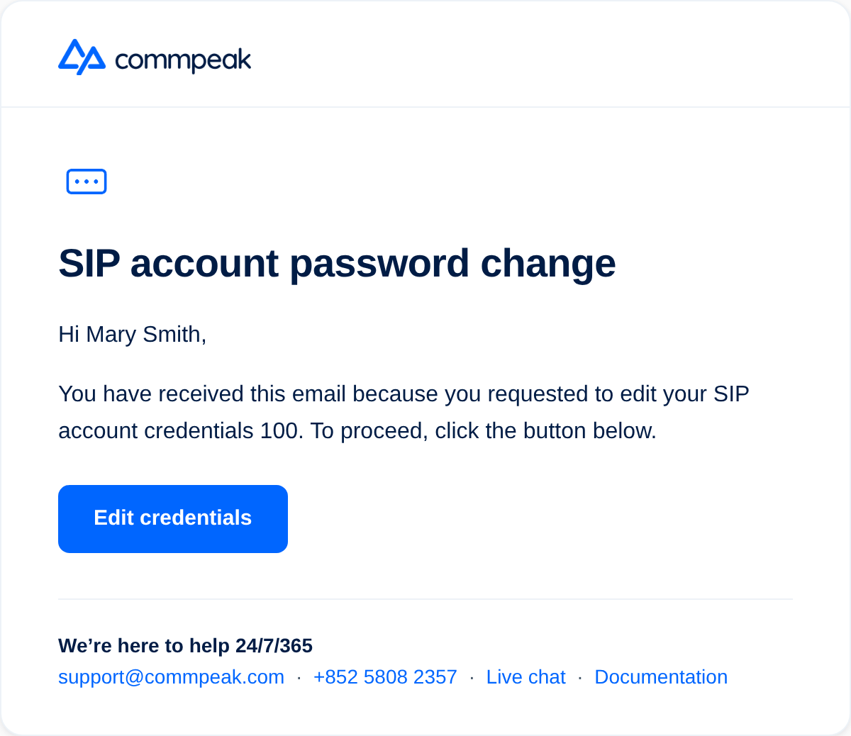 Screenshot of an email alert of editing SIP account credentials