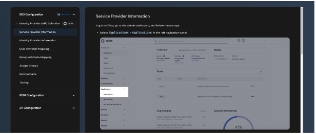 Okta SAML instructions shown inside the guided setup flow