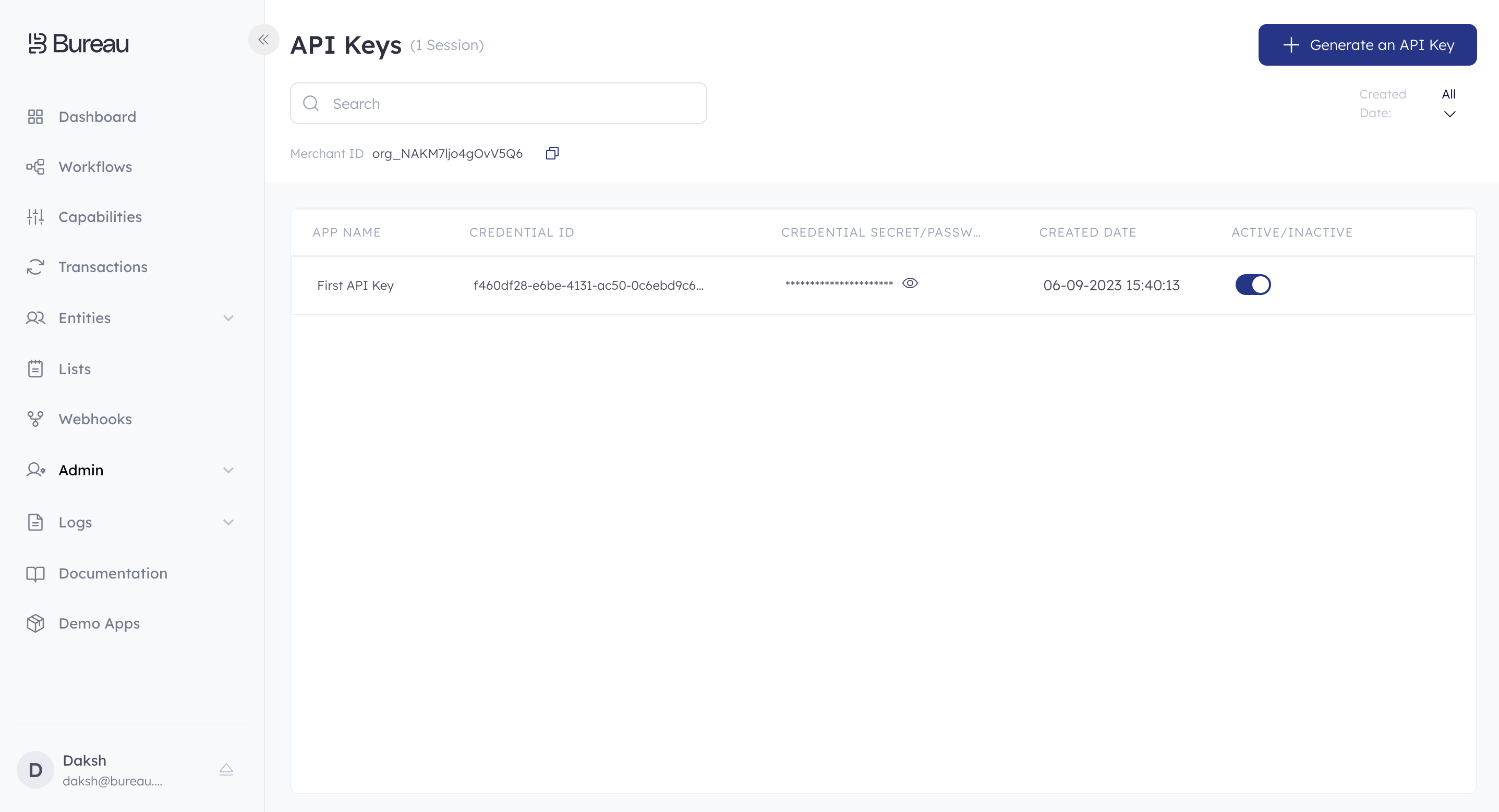 The Admin Control page consisting of all the API Keys