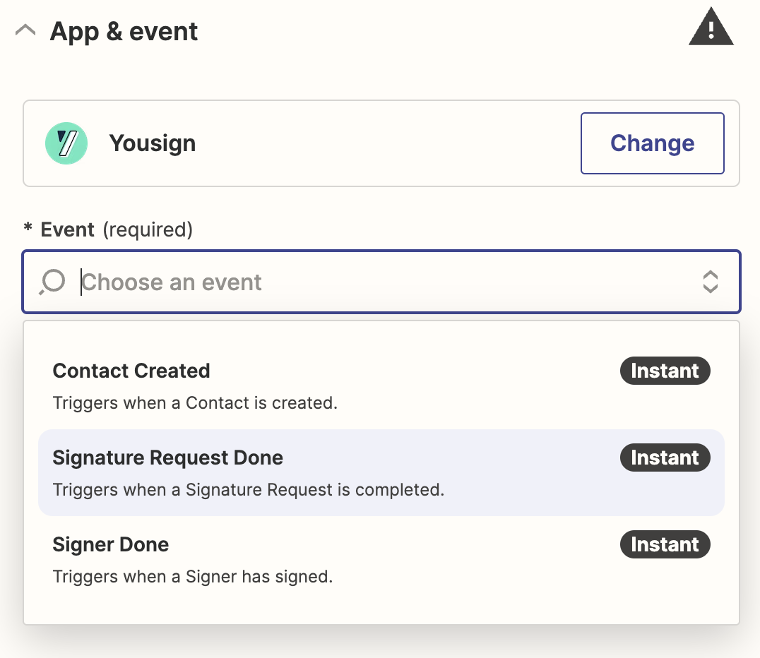 Select event for Yousign in a Zap