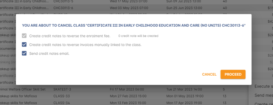 Figure 259. Options available when cancelling a class