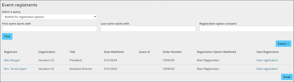 From the registrants tab, you can export and e-mail wait listed registrants.