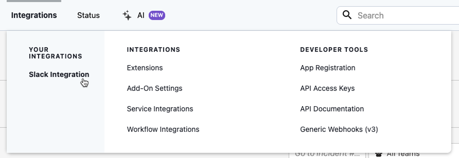 Slack Integration settings menu