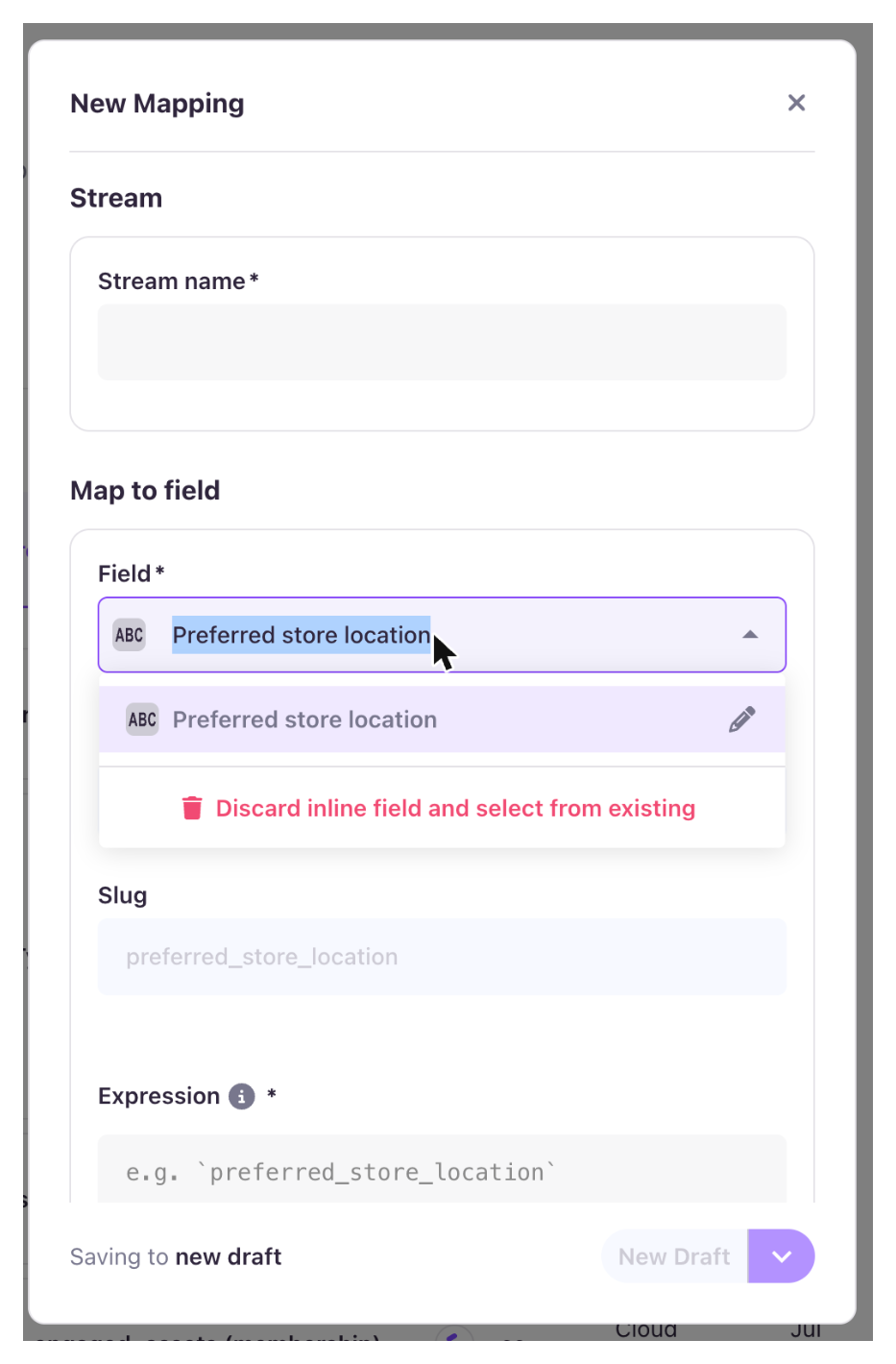The Field picker open for an inline field, showing the edit pencil and the Discard inline field and select from existing option