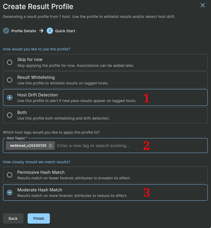 Screenshot of second page of result profile creation dialog.