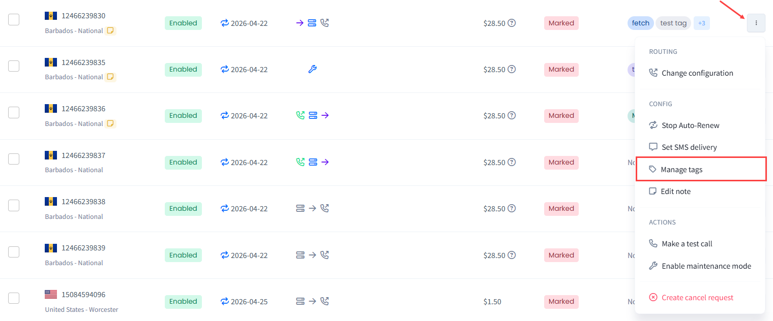 Screenshot of selecting the Manage tags action