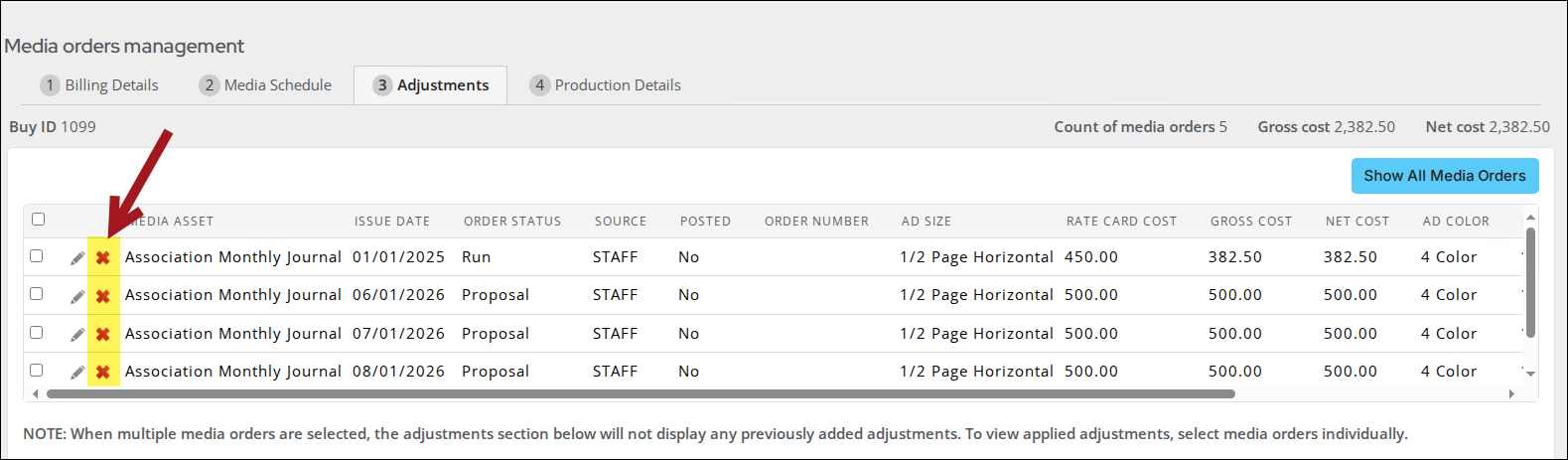 Click the delete icon for the media order that needs to be deleted.