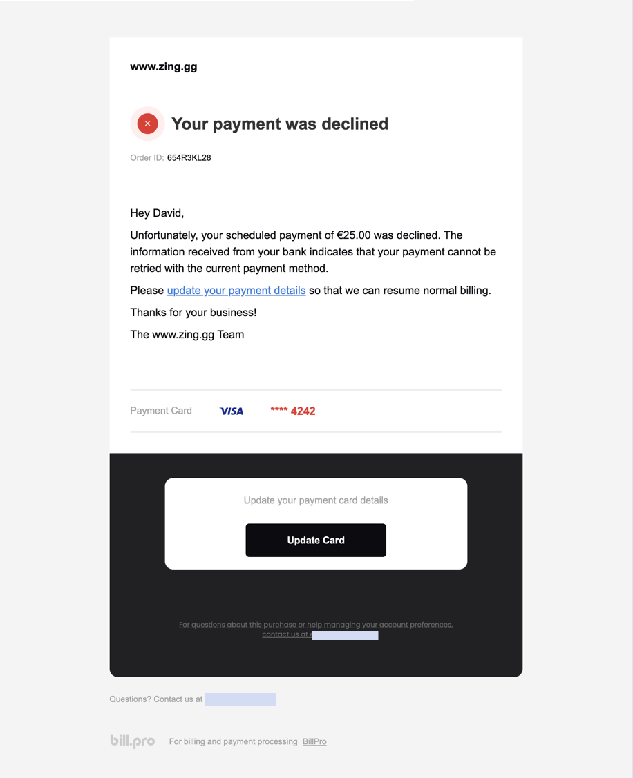 The email notifying that the scheduled payment was hard declined