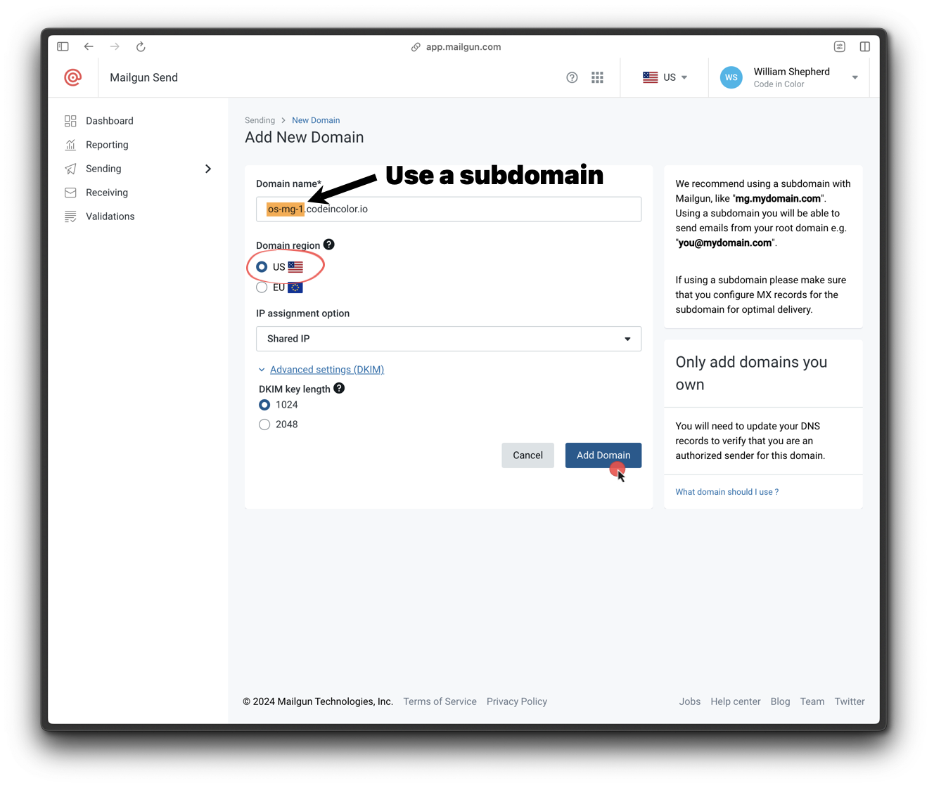 Specifying a subdomain and selecting the US Domain region