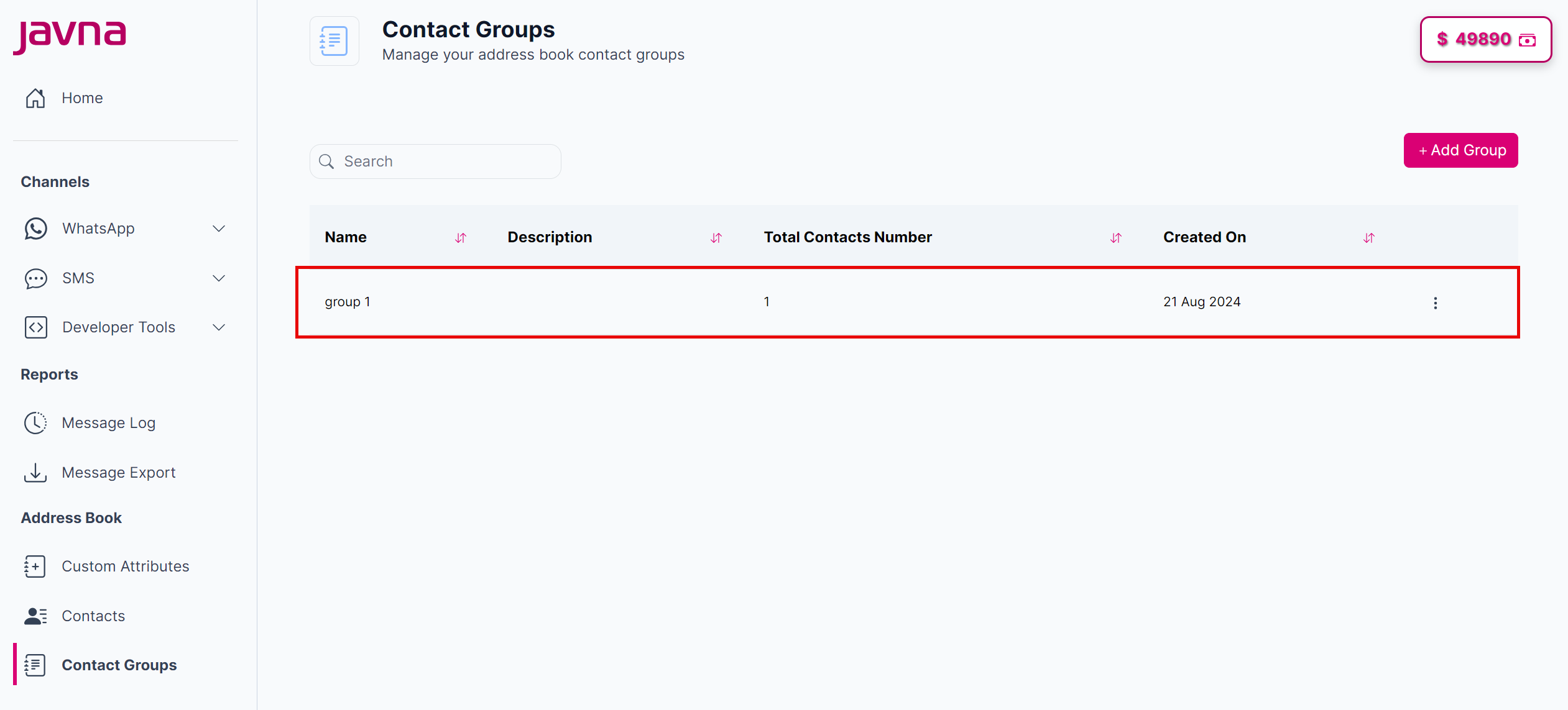 Fig 174: The group that you have added is now appearing in the list.