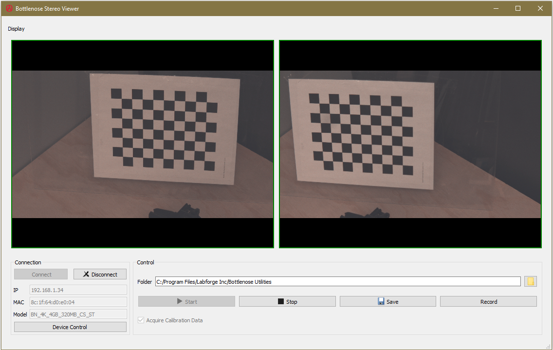 Bottlenose Stereo Viewer showing a pair of stereo images with a checkerboard for calibration.