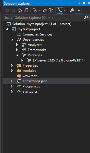 Solution explorer showing appsettings.json