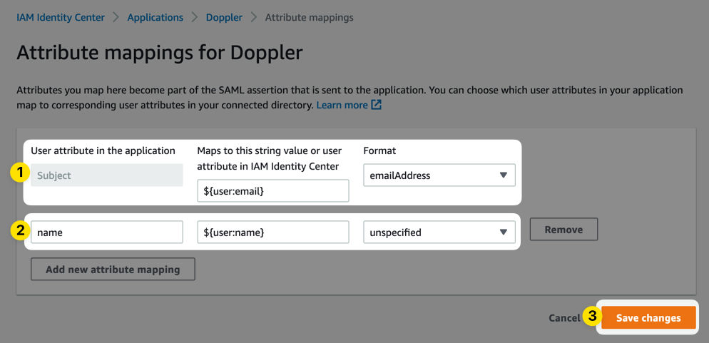 Screenshot of AWS Identity Center UI showing attribute mappings