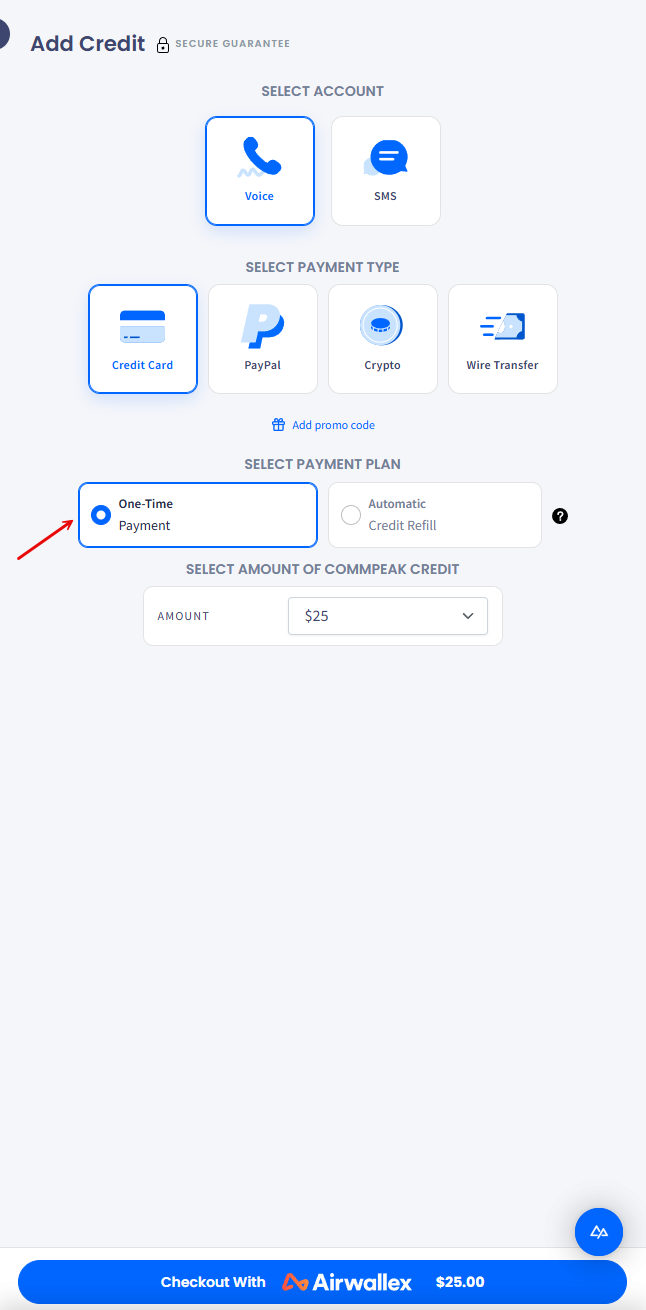 Screenshot of the Select payment method section: One-Time Payment