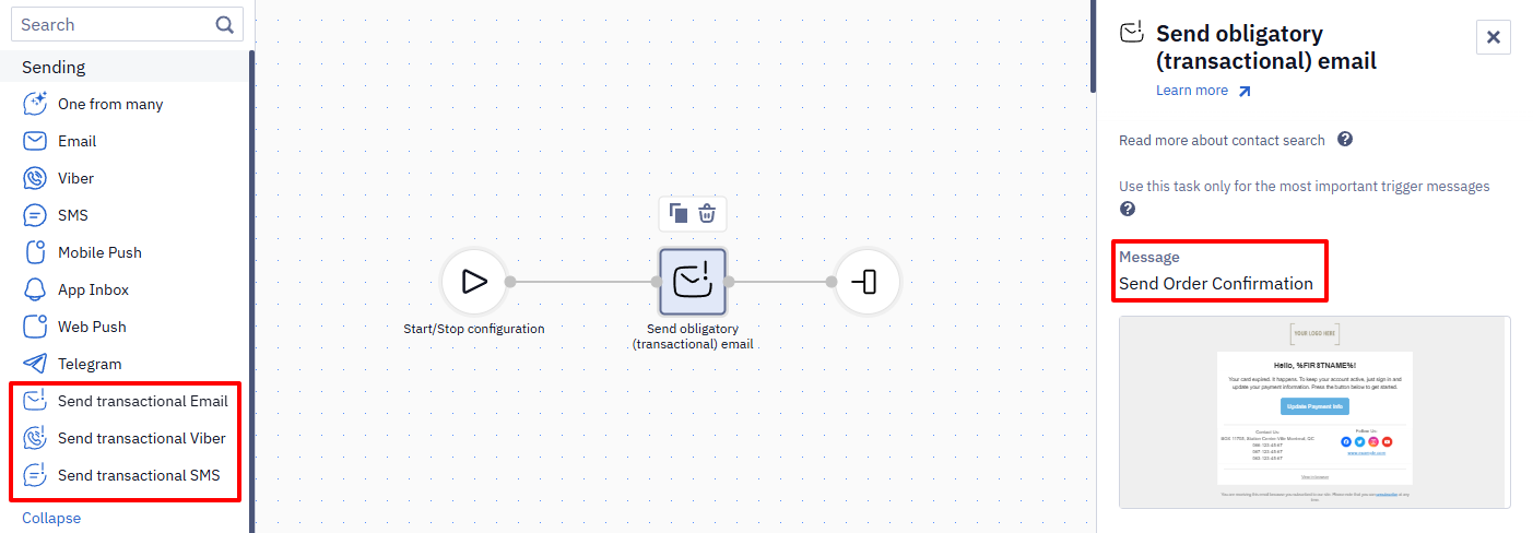 Send obligatory transactional email block settings with the Message field highlighted and the transactional block types highlighted in the sidebar