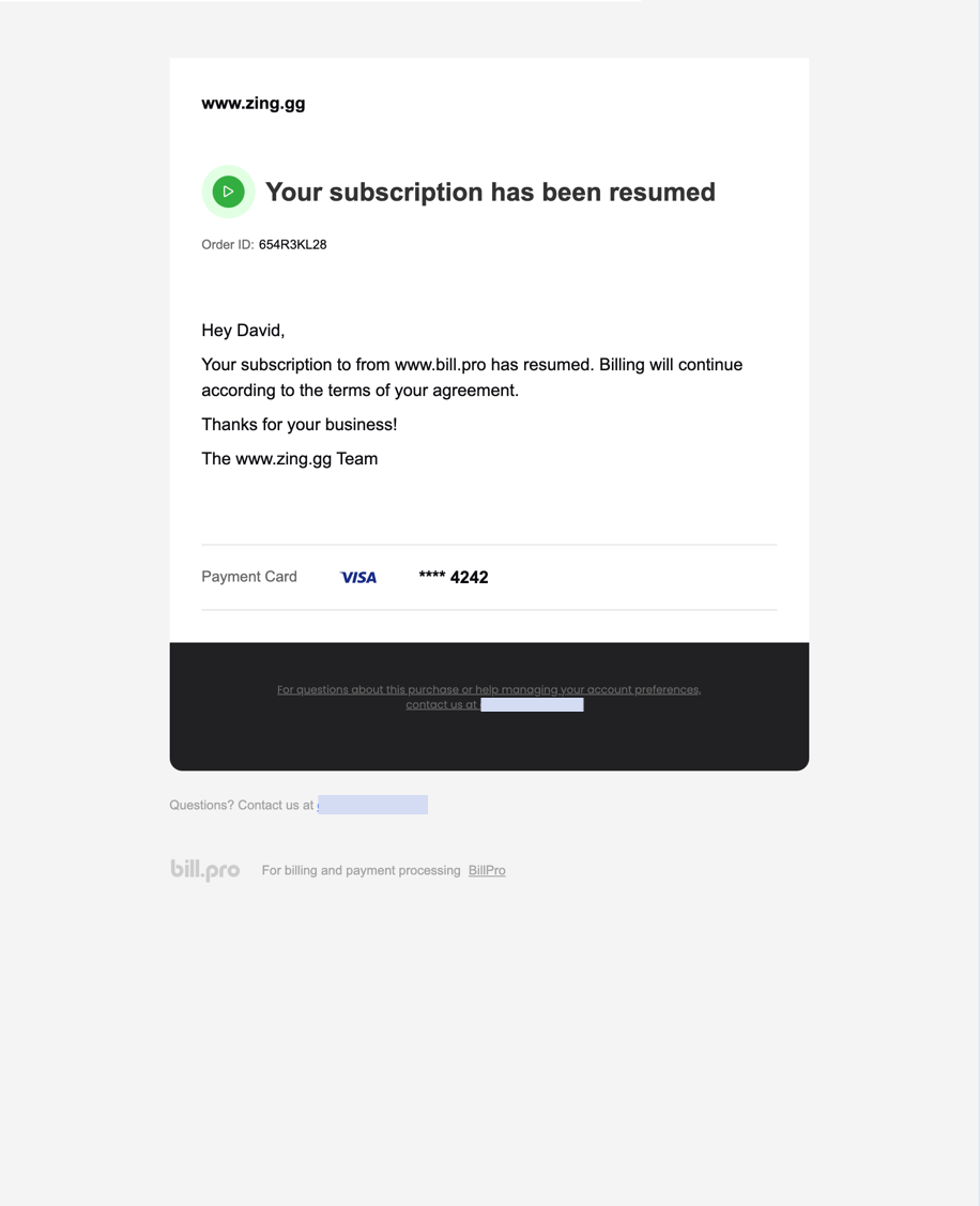 The email notifying that a subscription has been resumed
