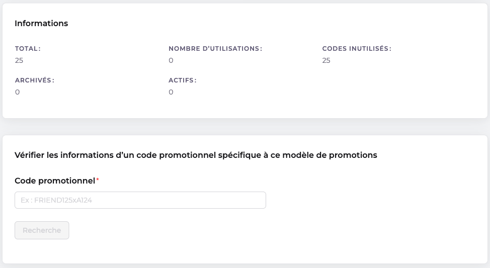 Page détail d'une promo de masse avec les statistiques