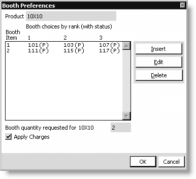 From Exposition, select Process booth orders, insert or edit an order for an exposition with a P status, and double-click a booth product