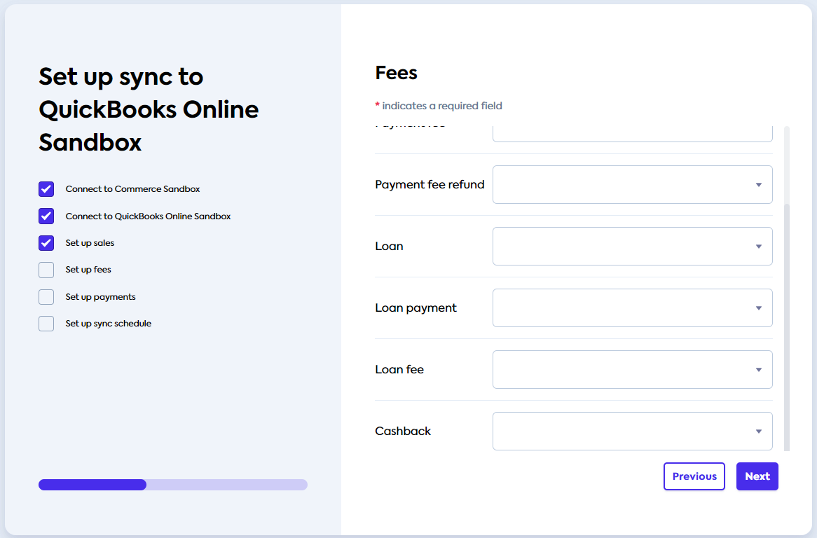 Sync UI **Fees** accounts screen where you can select the accounts to use to map the commerce data (scrolled down).