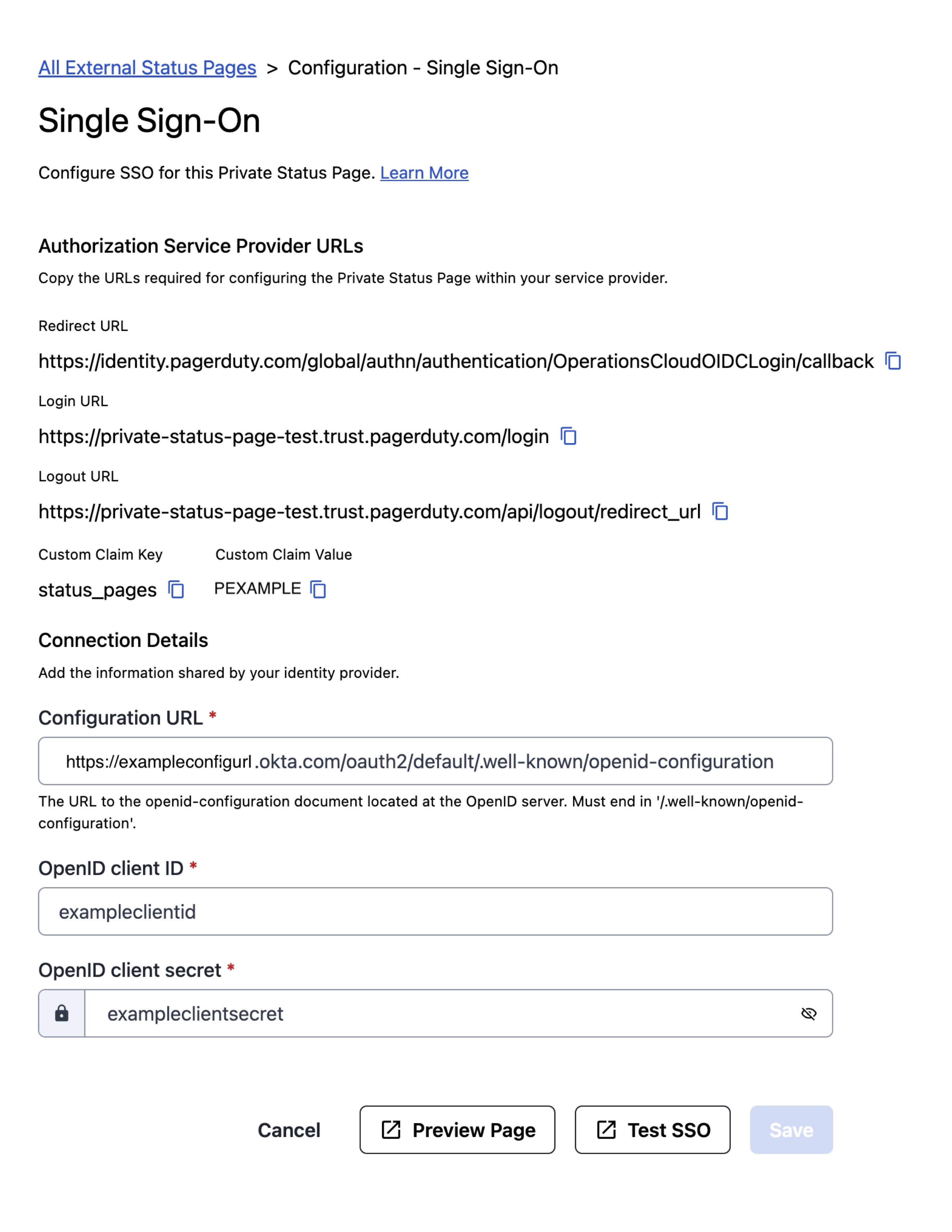 A screenshot of the PagerDuty web app showing SSO configuration details for Private Status Page