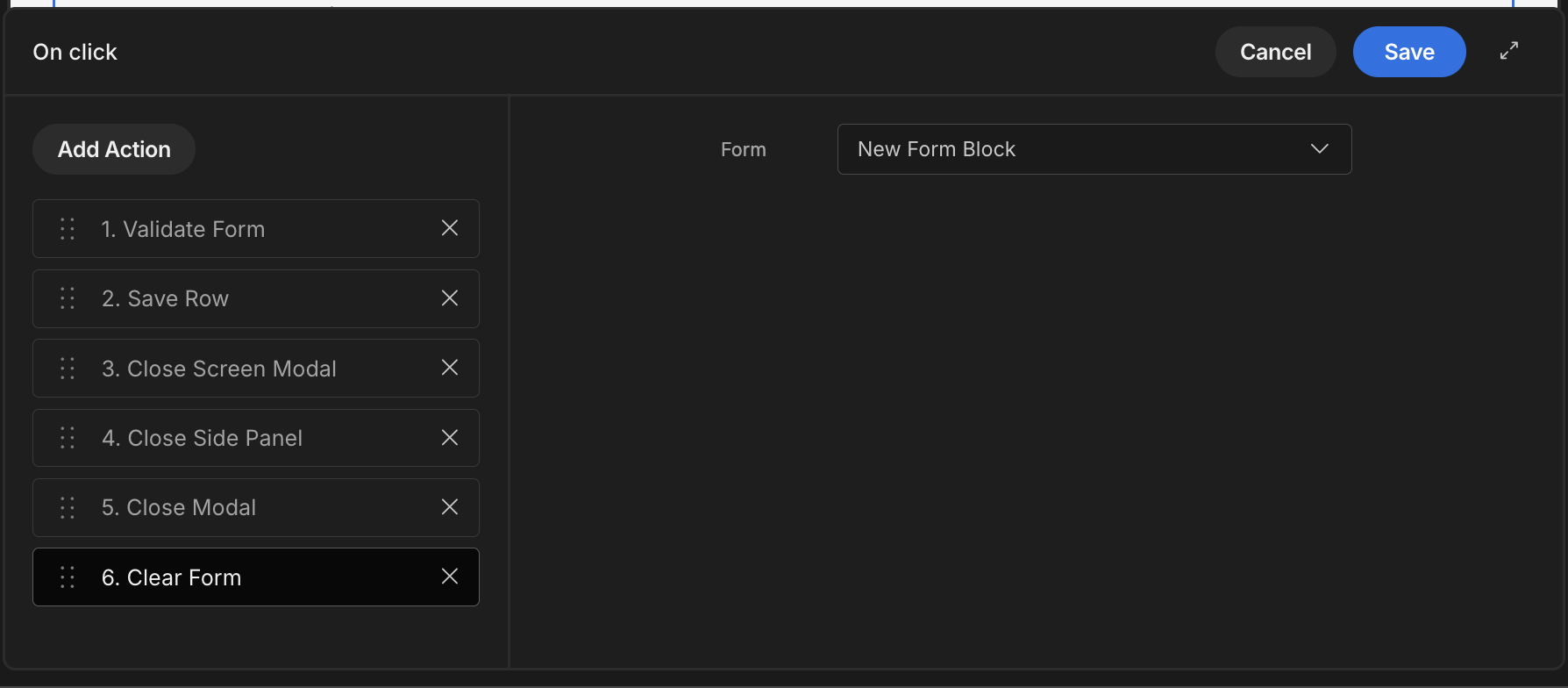 Showing the pre configured form block component and how it uses the clear form action.