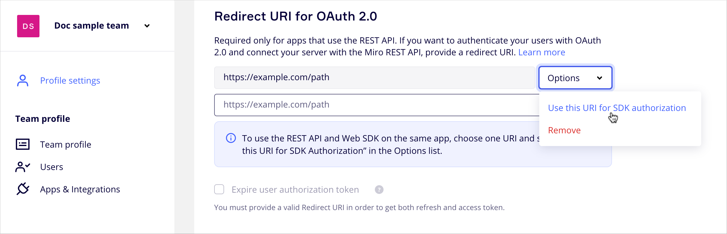 Image of URI for SDK authorization option