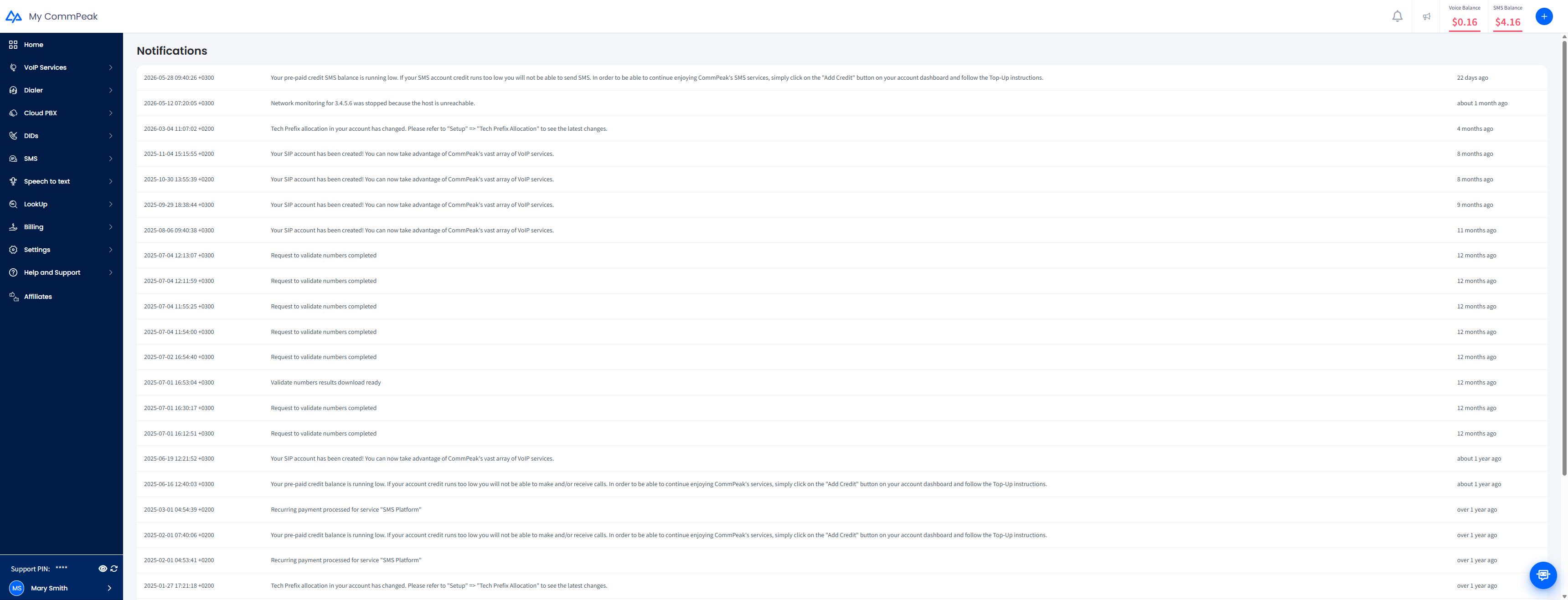 Screenshot of the Notifications page