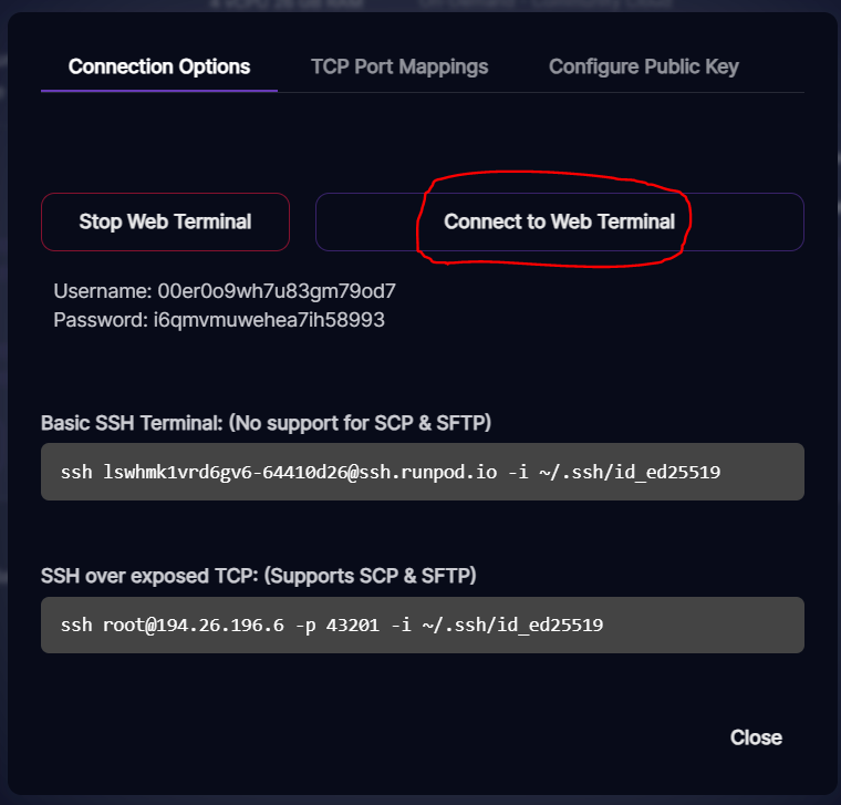 You can also use the basic SSH terminal or SSH over exposed TCP commands to connect to your Pod and run the rsync install command.