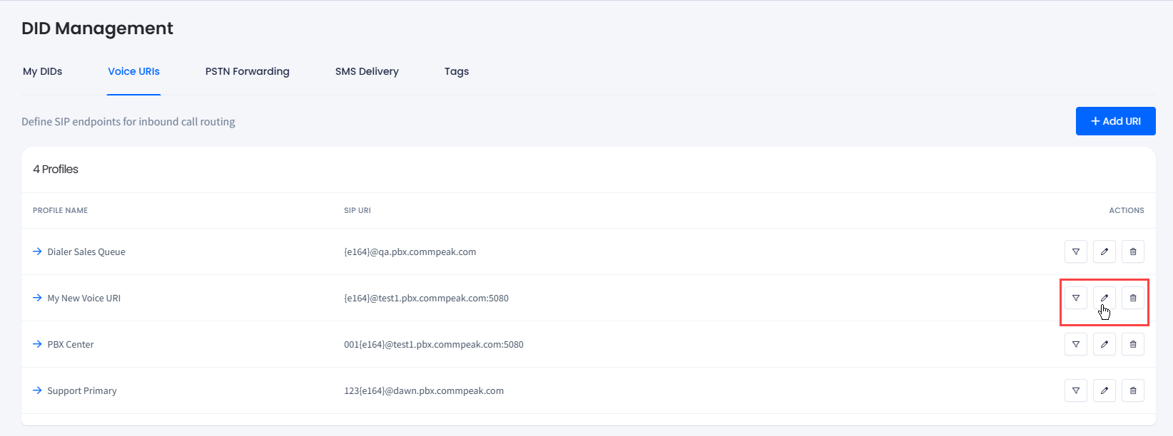 Screenshot of the voice URI management actions
