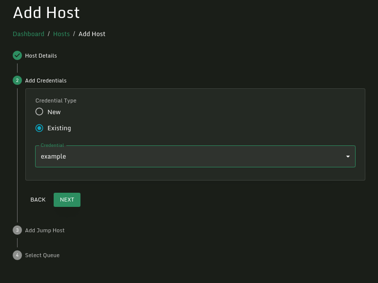 add.hosts.existing.credential.form.png Selecting a credential to use.