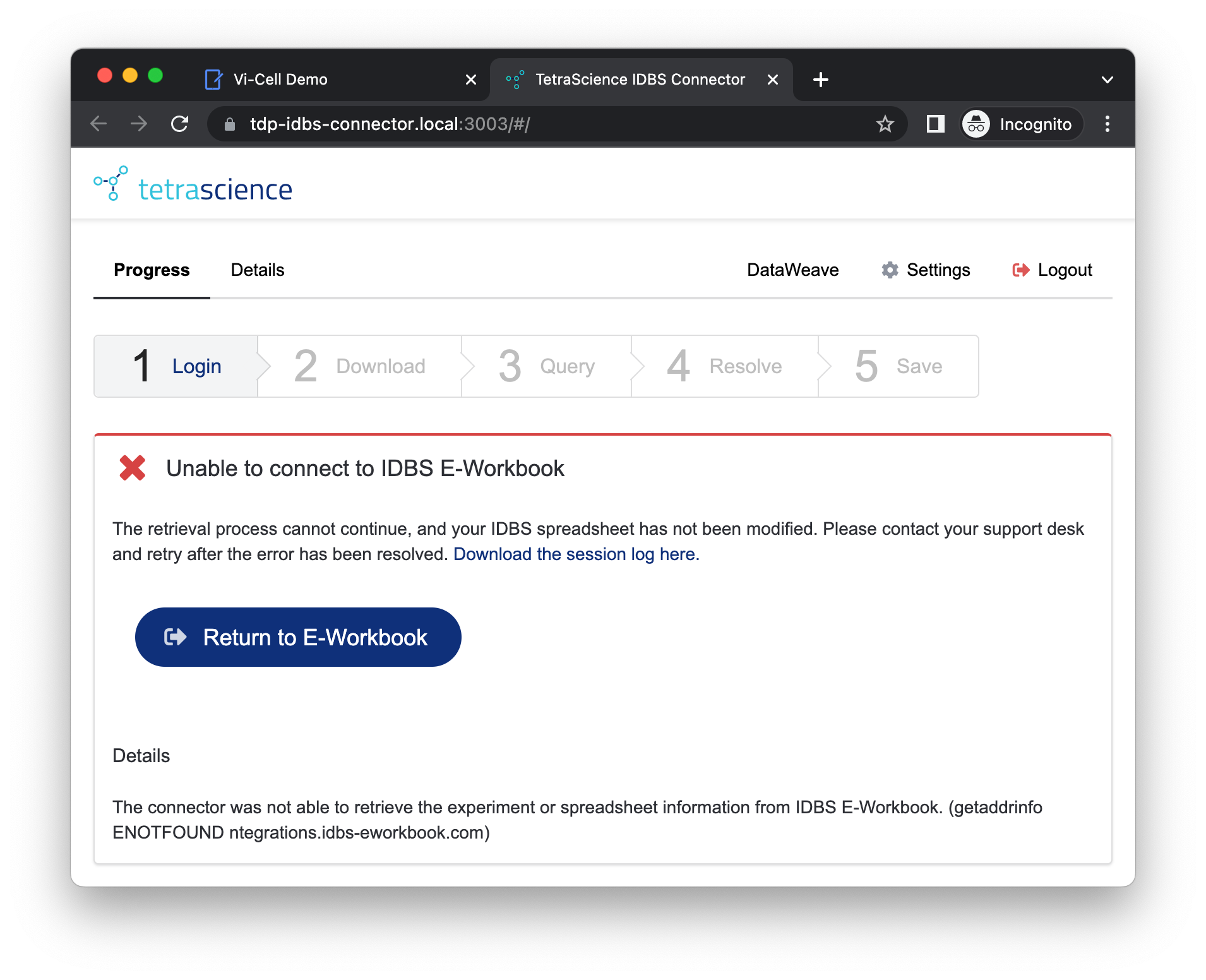 Figure 9. Incorrect IDBS Server URL, Error: getaddrinfo ENOTFOUND {hostname}