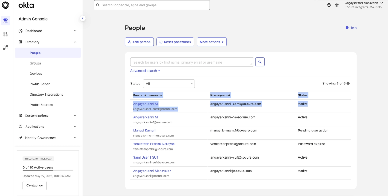 Okta Add Person form with the new user's first name, last name, username, and email entered