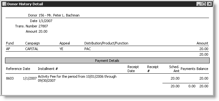 From Customers, select Manage customers > Fundraising > Donor History, and double-click a donation row