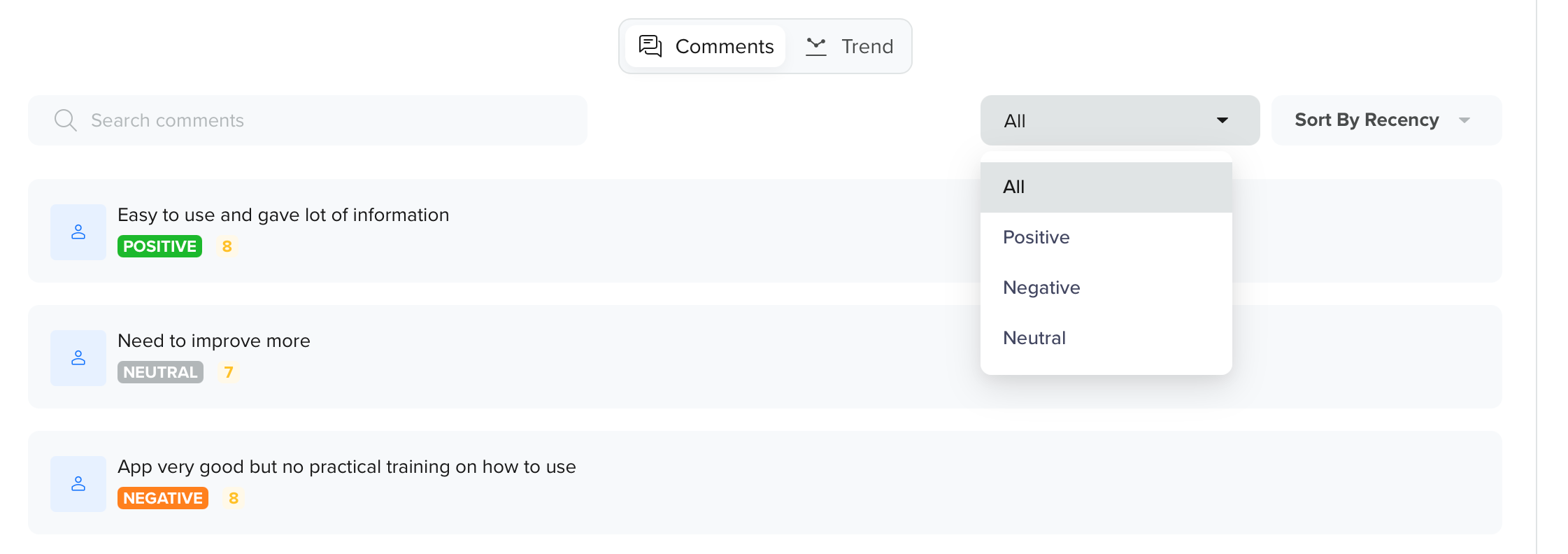 Sort comments by key sentiments