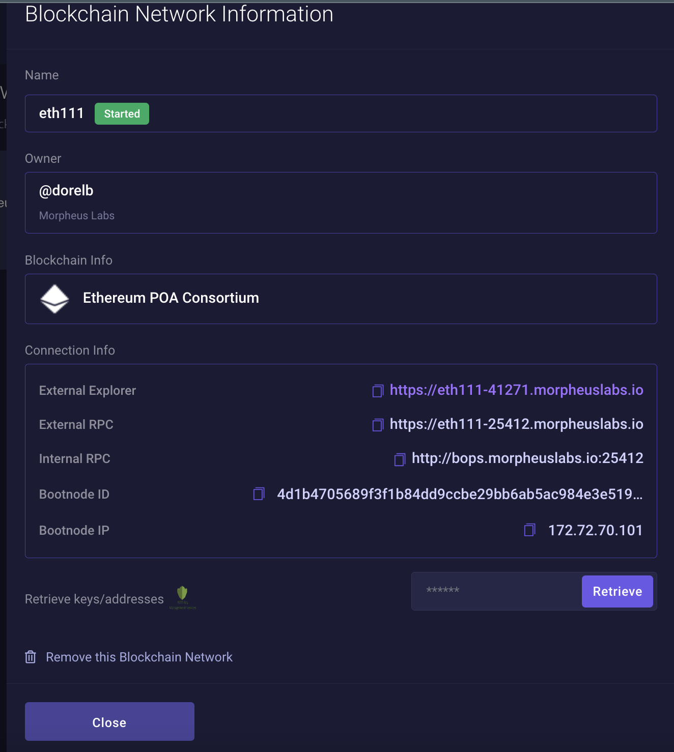 Example of blockchain information for an Ethereum POA network