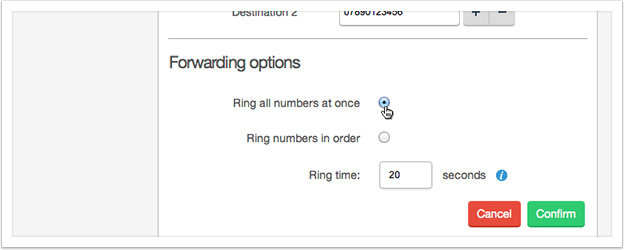 Enter the destination numbers and then select the 'Ring all numbers at once\ option