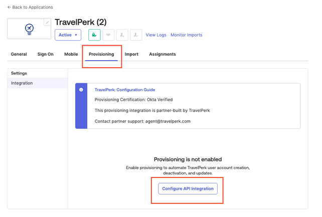 The Okta Configure API integration screen for the Perk app.