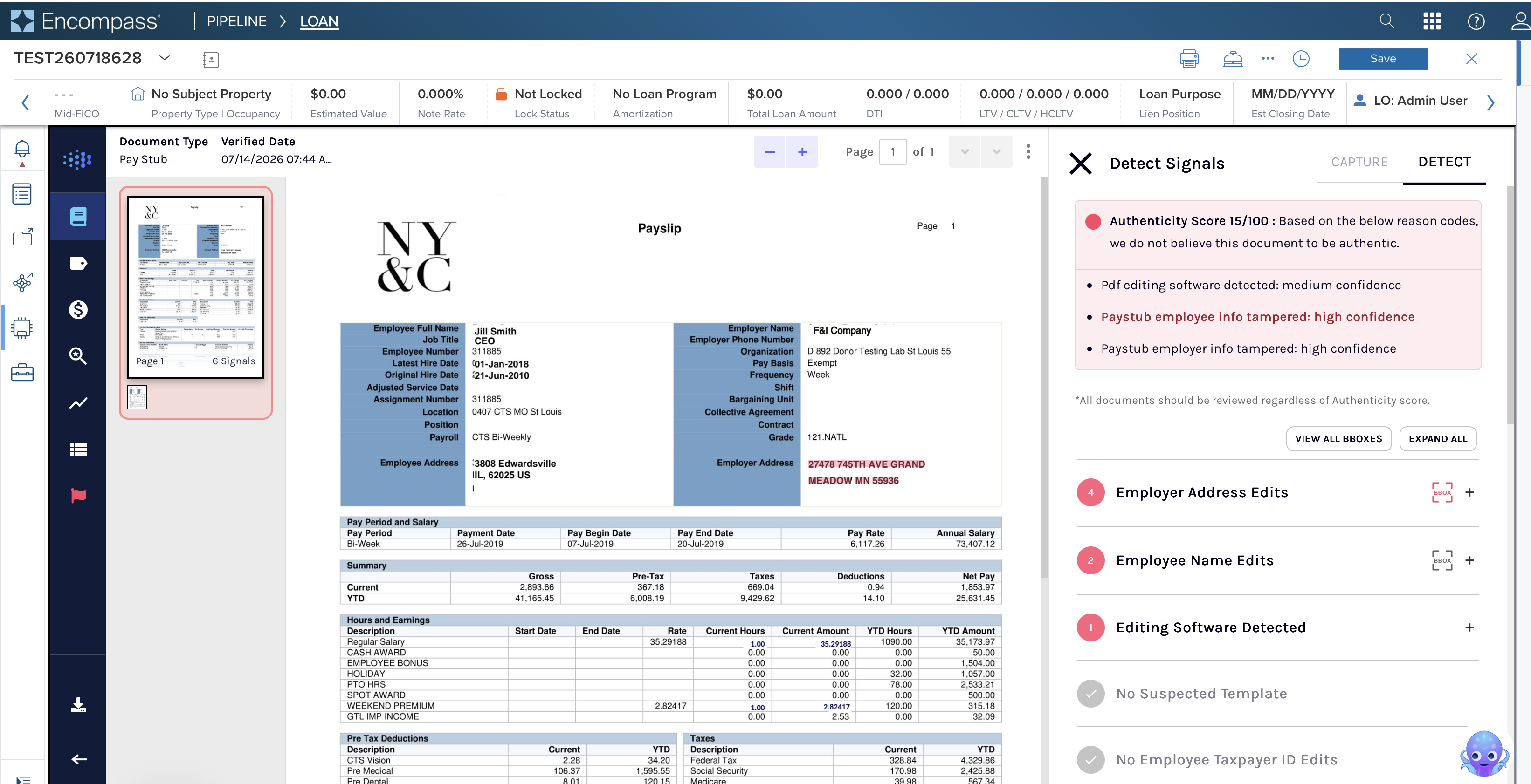 Screenshot of the DETECT tab in the Encompass embedded viewer showing
the Authenticity Score, reason codes, and signal counts for a pay stub.