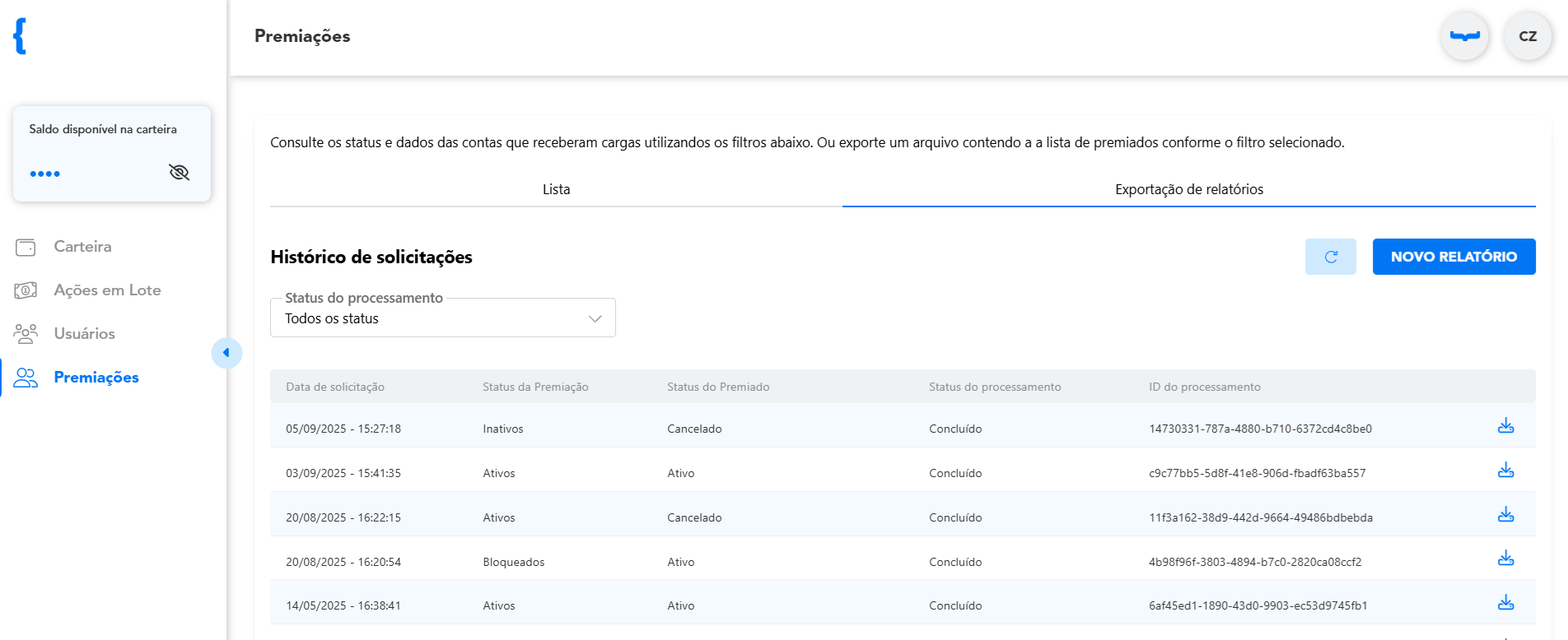 Aba Exportação de relatórios