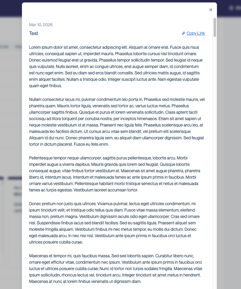Expanded announcement view showing the full body text with the publish date, title, and a Copy Link button in the top-right corner.