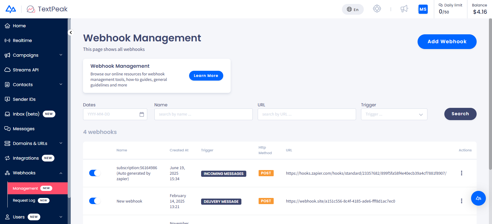 Screenshot of the Webhooks menu tabs