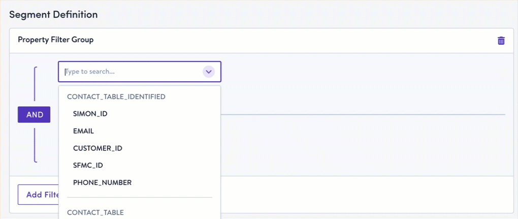 Add property filter and/or event filter groups to create a segment of contacts