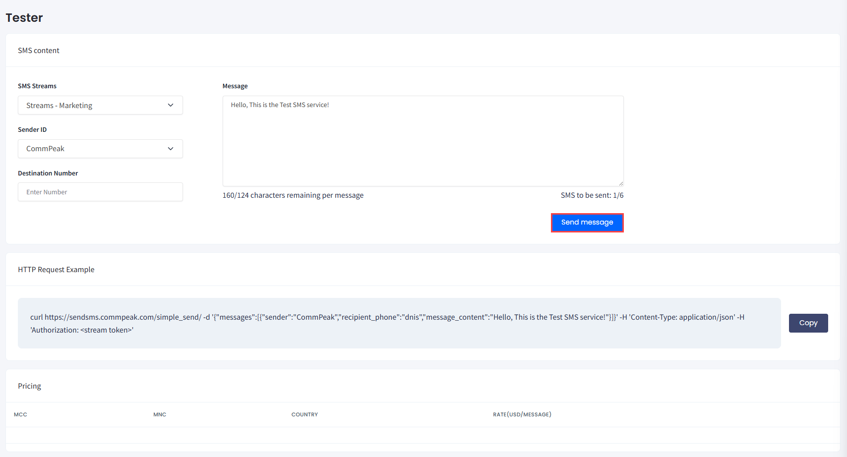 Screenshot of the SMS > Tester page