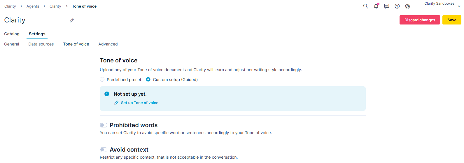 Click Setup Tone of voice to add a custom tone. 