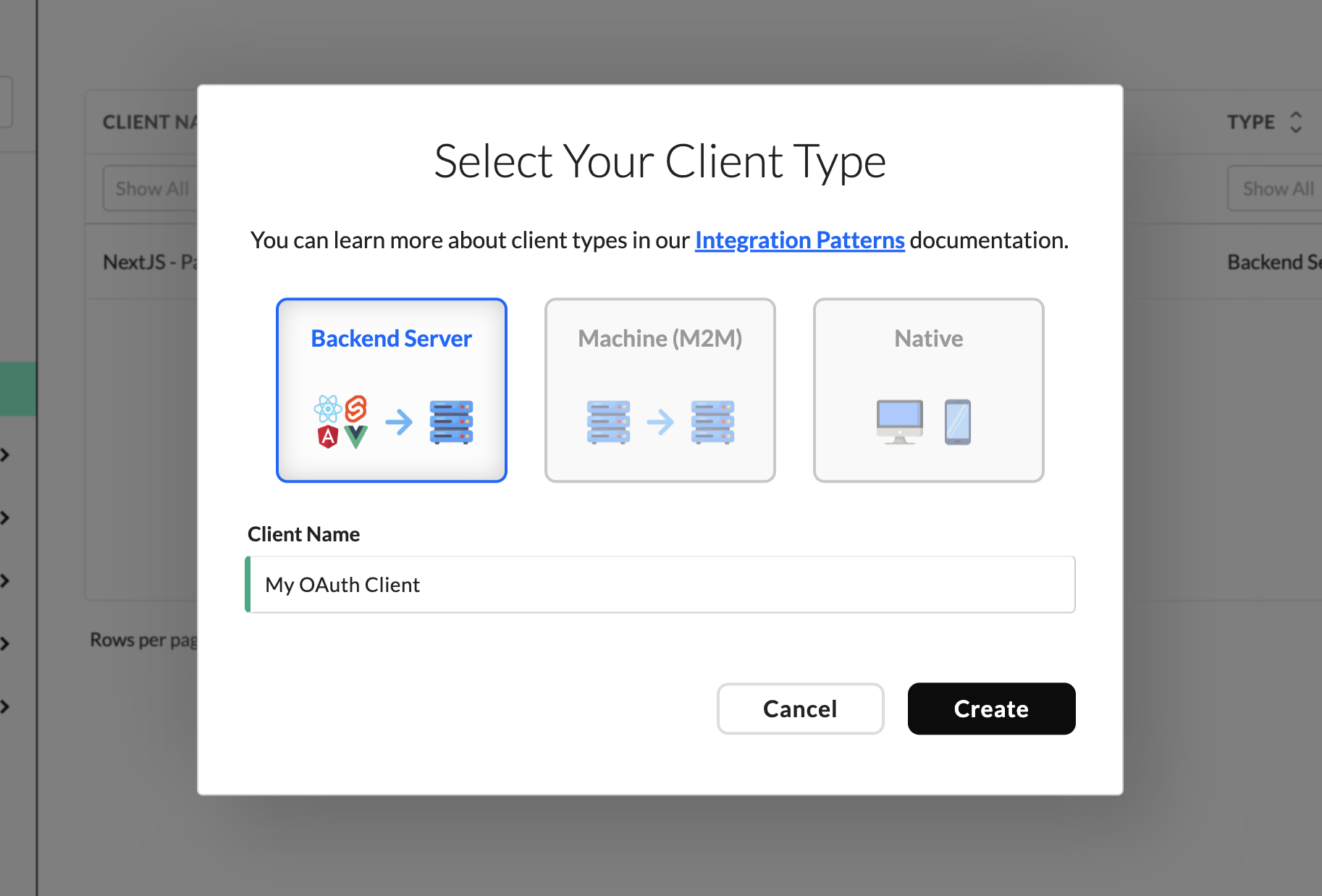 Select Your Client Type modal showing Backend Server, Machine (M2M), and Native options with a Client Name field